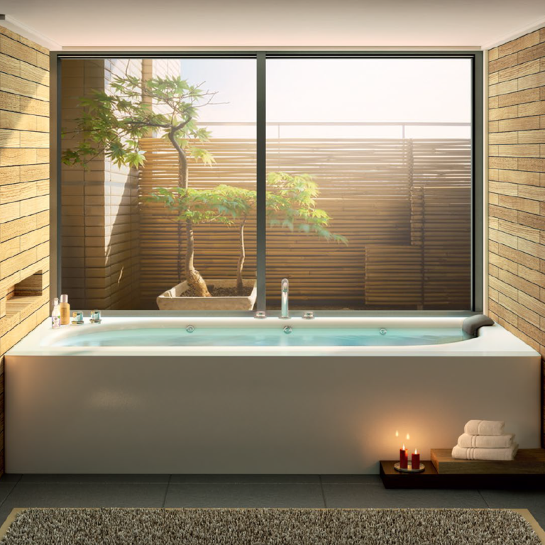 Modern spa-like bathroom with premium sanitaryware, freestanding bathtub, and pastel designer wall tiles