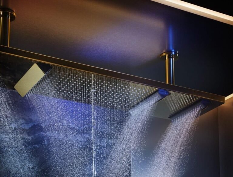 Luxury rainfall showerhead in a modern bathroom, showcasing premium spray technology — an example of advanced types of showers for Indian homes.