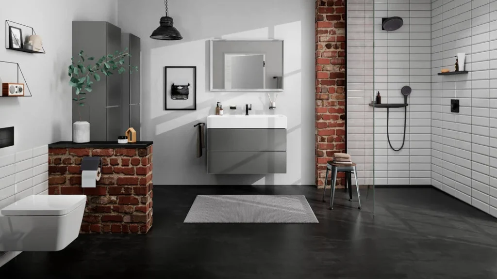 legant bathroom styled with neutral tiles — Alt: “Bathroom design following toilet position as per Vastu