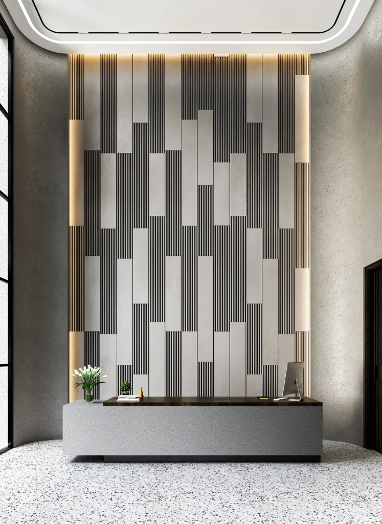 Luxury feature wall showcasing layered tile patterns for home interiors in modern living spaces
