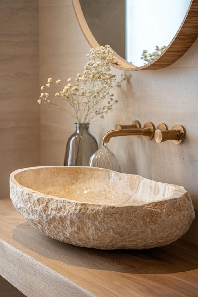 Luxury wash basin design featuring a handcrafted natural stone countertop basin with textured finish and elegant wall mounted brass faucet.
