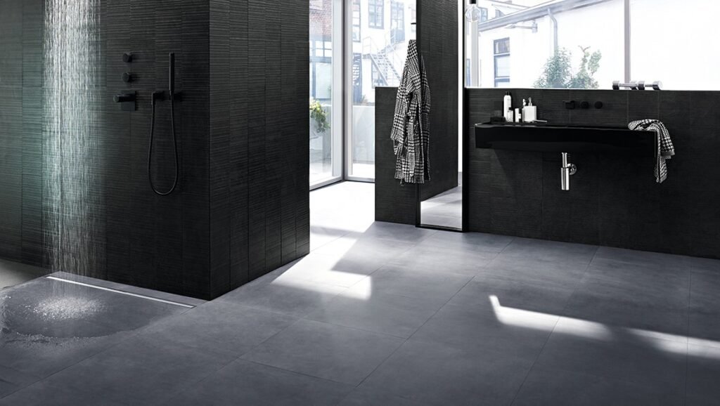 Contemporary black bathroom with rain shower inspired by sanitaryware trends 2025 in Gurugram