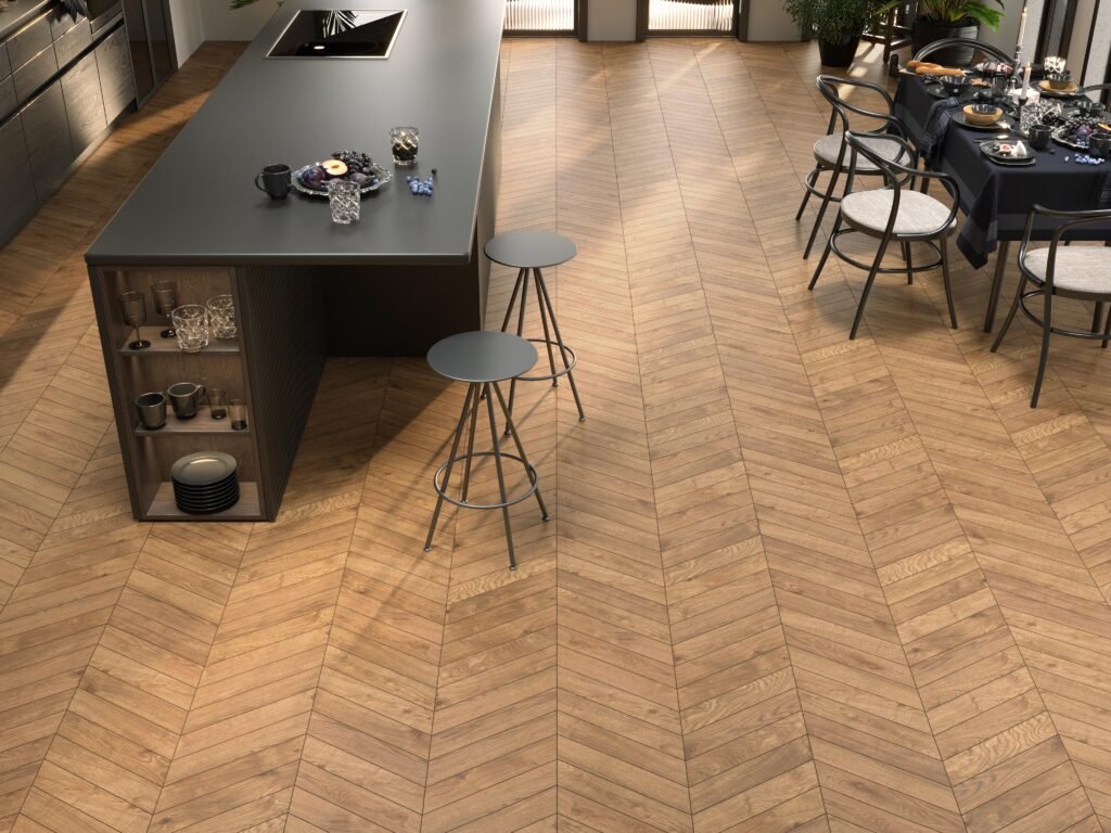 Sophisticated wooden herringbone flooring with designer tiles for office dining or collaborative areas