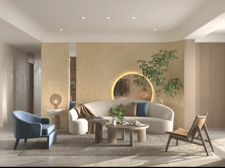 Luxurious living room with Flex Stone Modified Clay wall cladding for a premium modern interior.