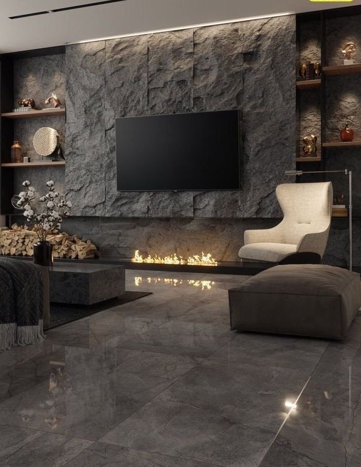 Stylish living space with Flex Stone Modified Clay feature wall for upscale home design.