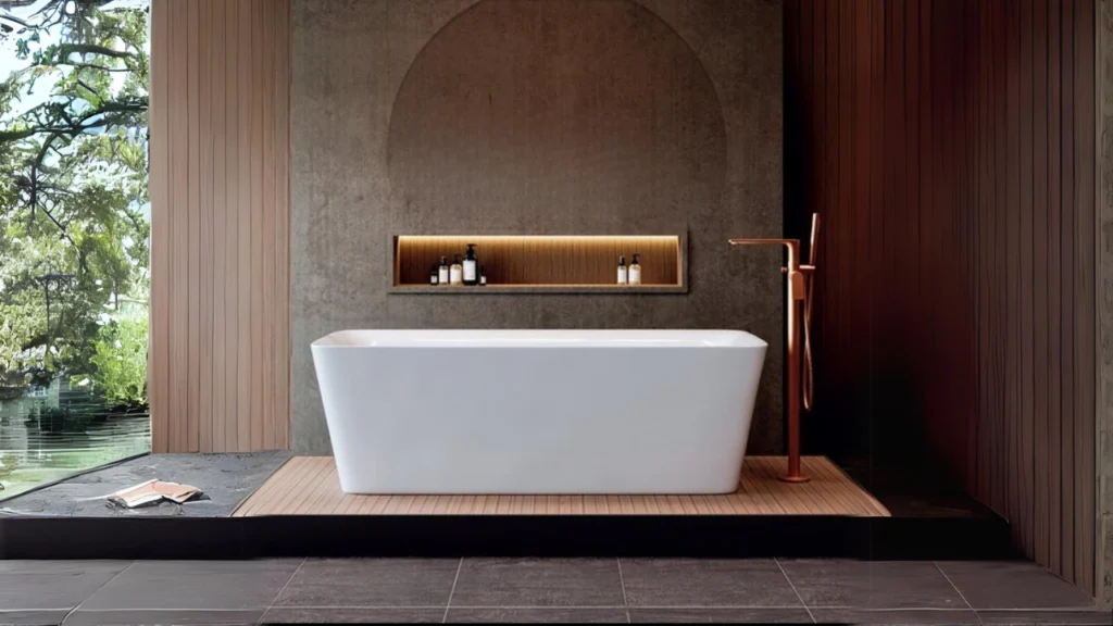 Freestanding bathtub with luxury tiles and sanitaryware in Gurgaon featuring modern wooden accents and minimal design.
