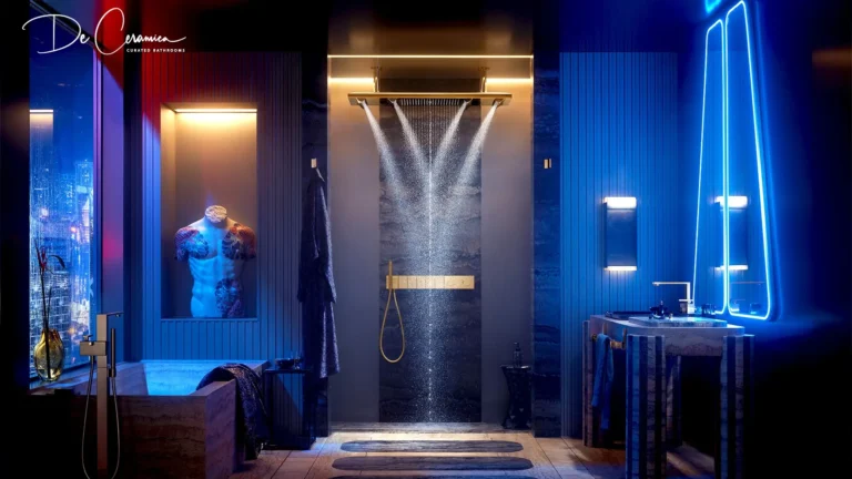 Exclusive luxury tiles and sanitaryware in Gurgaon featuring high-end rainfall shower with designer lighting.