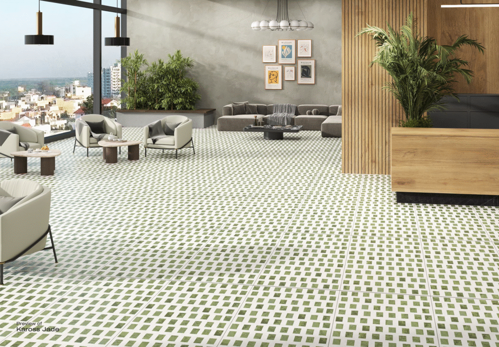 Spacious office lounge with stylish green and white customised tiles flooring, creating a modern and inviting space.