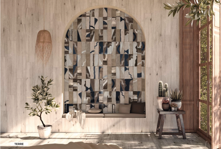 Artistic wall design with abstract tile colour combinations in beige, blue, and brown shades for a natural interior look.