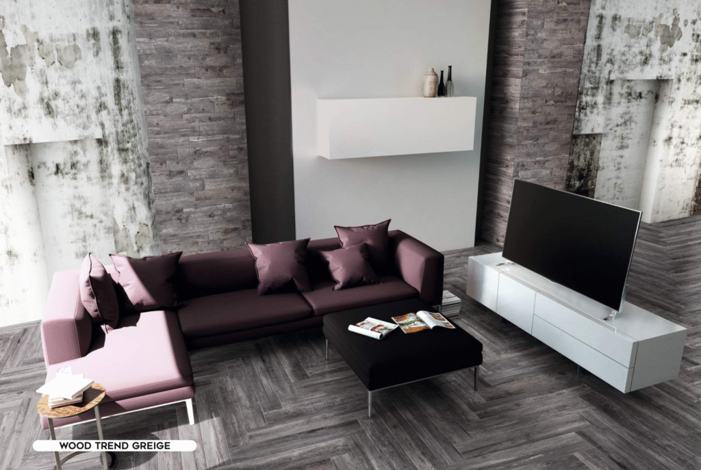 Contemporary living room featuring wood-style tile colour combinations in greige shades for a warm, rustic finish.