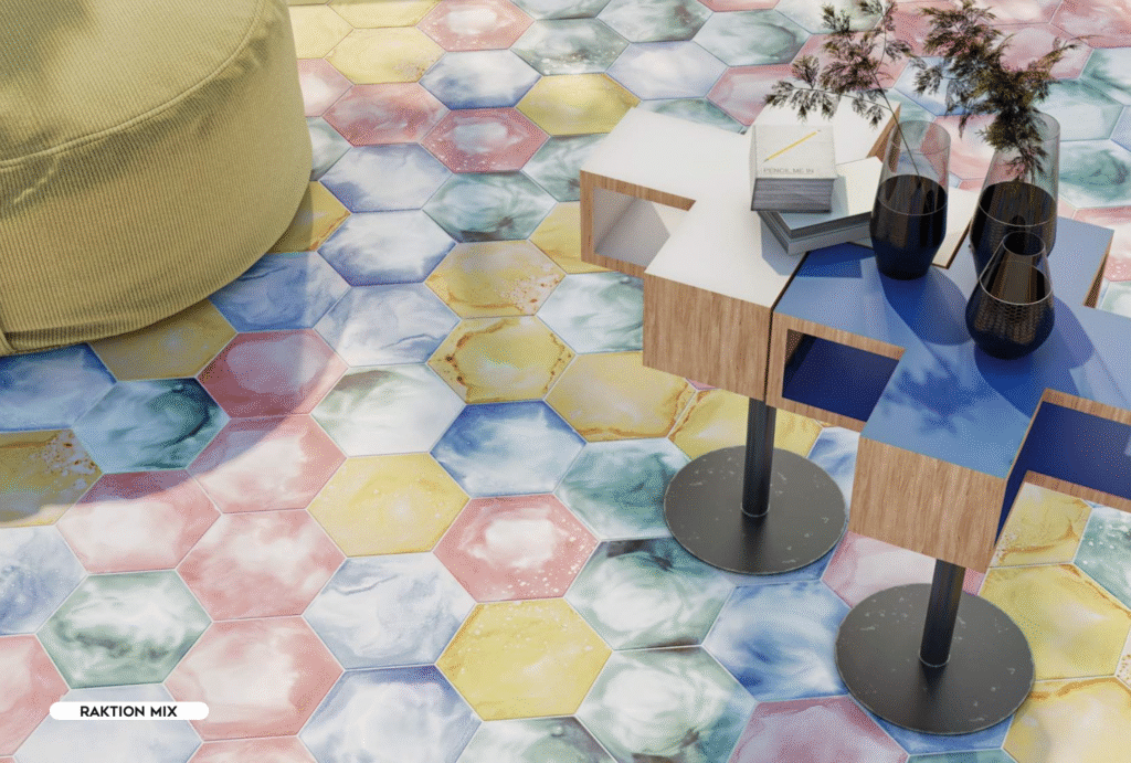 Vibrant flooring with hexagonal tile colour combinations in blue, yellow, red, and green tones for a creative interior.