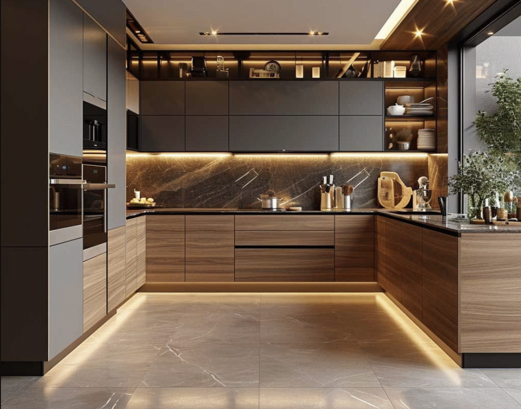 Modern kitchen with vitrified tiles for kitchen floor”