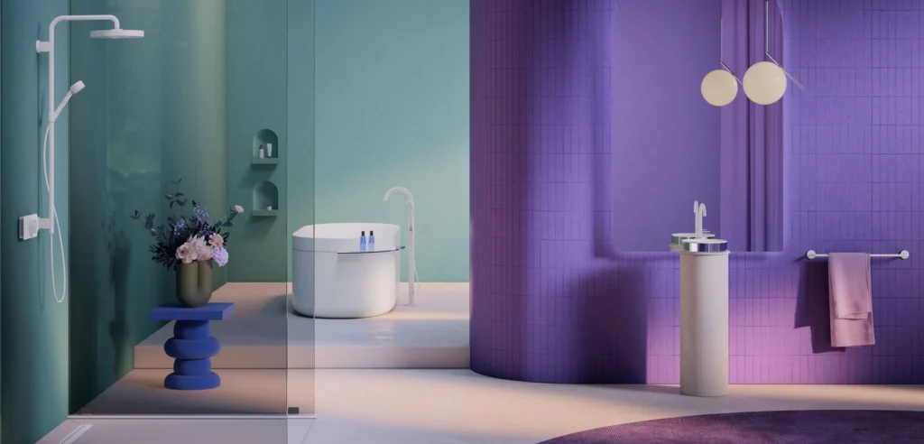 Vibrant bathroom showcasing luxury tiles and sanitaryware in Gurgaon with bold purple walls and freestanding bathtub.
