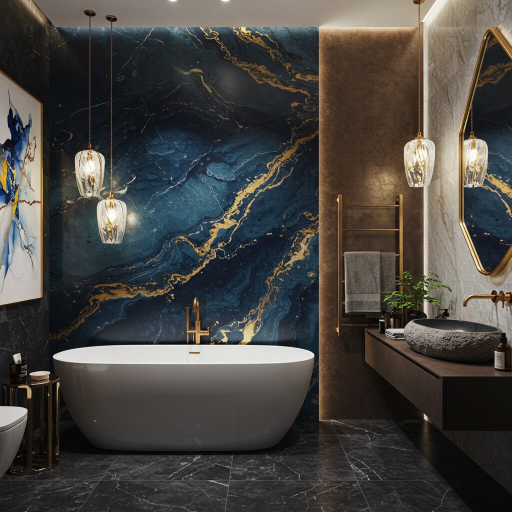 Modern black bathroom with gold fixtures and luxury bathroom accessories creating a sophisticated look.