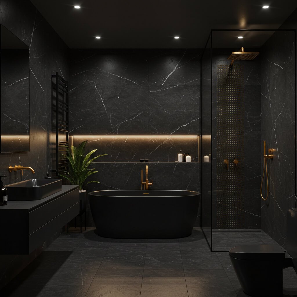 Modern black bathroom with gold fixtures and luxury bathroom accessories creating a sophisticated look.