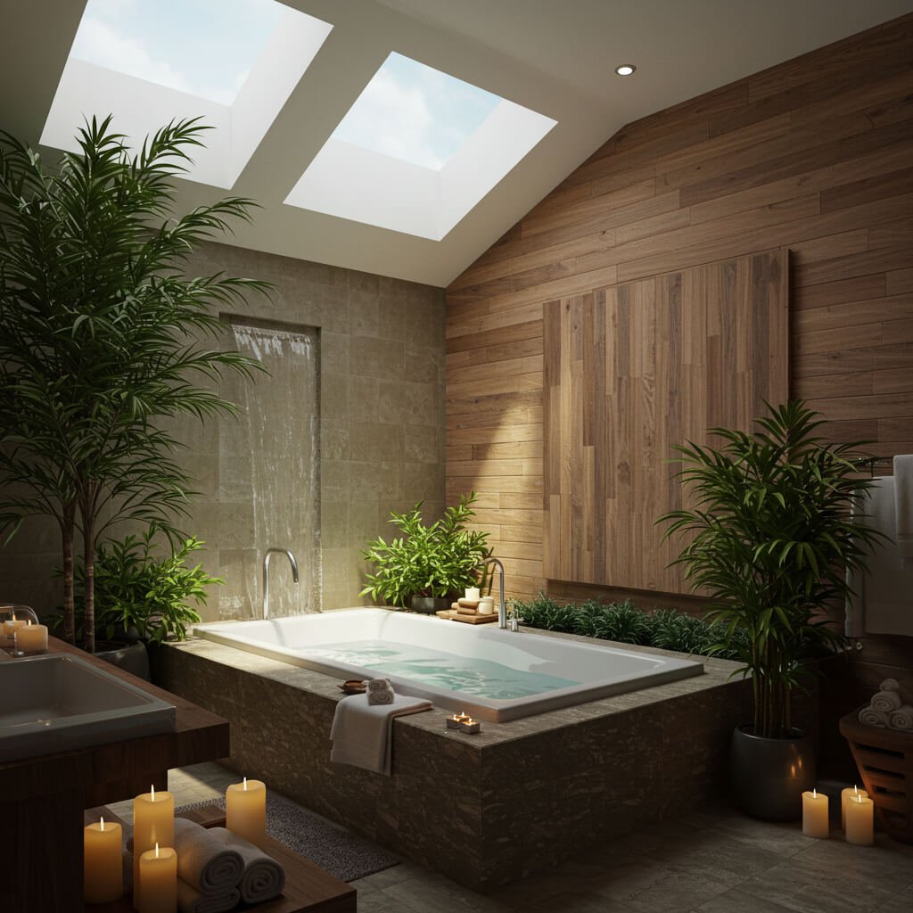 Cozy spa-style bathroom featuring luxury bathroom accessories, wooden interiors, indoor plants, and a bathtub surrounded by candles under skylight.