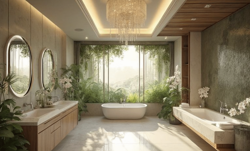 Spacious modern bathroom with elegant luxury bathroom accessories, freestanding bathtub, indoor plants, and large glass windows overlooking nature.