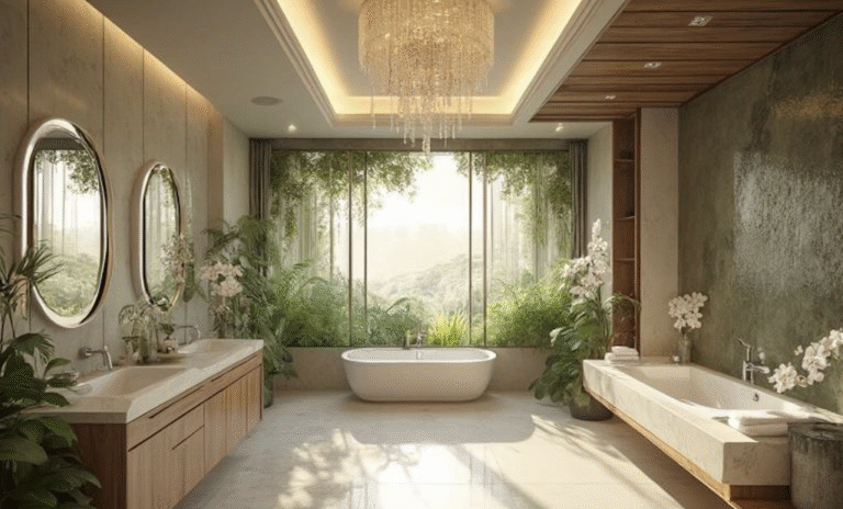 Spacious modern bathroom with elegant luxury bathroom accessories, freestanding bathtub, indoor plants, and large glass windows overlooking nature.