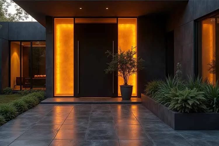 Modern luxury home in Gurgaon with sleek outdoor wall tiles and warm backlit entrance. The dark textured wall cladding and clean design highlight how exterior tiles add elegance and depth to contemporary architecture