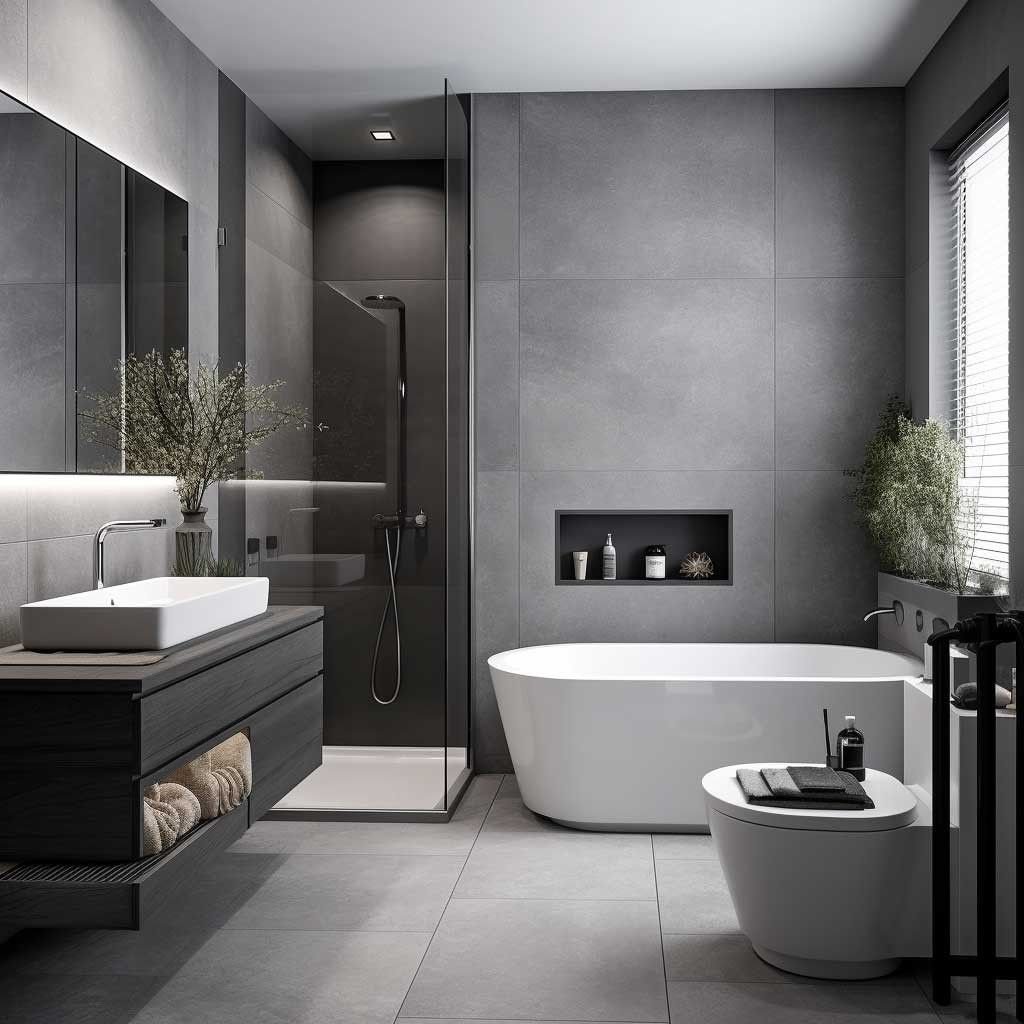 Elegant minimalist bathroom with sleek fittings and luxury bathroom accessories in a modern grey theme.