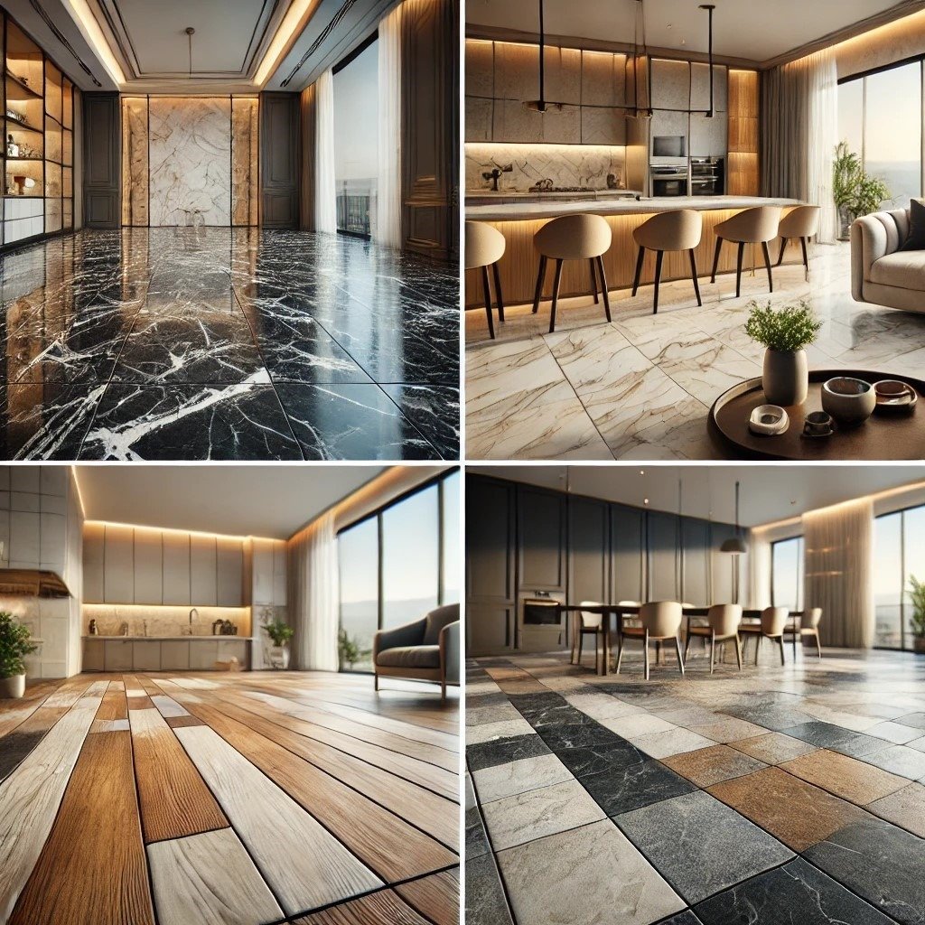 Modern living room floor showcasing ceramic vs vitrified tiles in luxury marble and wooden finishes by DeCeramica Gurgaon