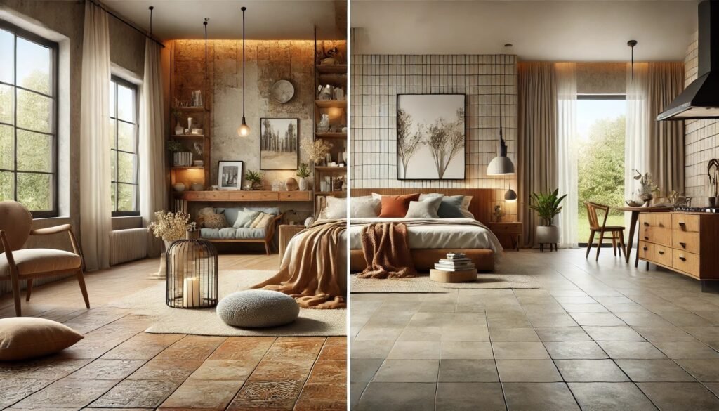 Modern bedroom and living space featuring contrasting tile designs, highlighting the aesthetic and functional differences between ceramic vs vitrified tiles in home interiors.