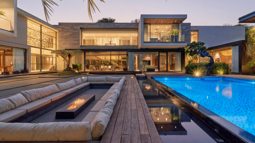 Luxurious modern farmhouse in Gurgaon at dusk, featuring a sleek swimming pool, sunken seating area, and large-format stone tiles—showcasing trending tile designs for Gurgaon farmhouse exteriors that blend elegance with functionality.