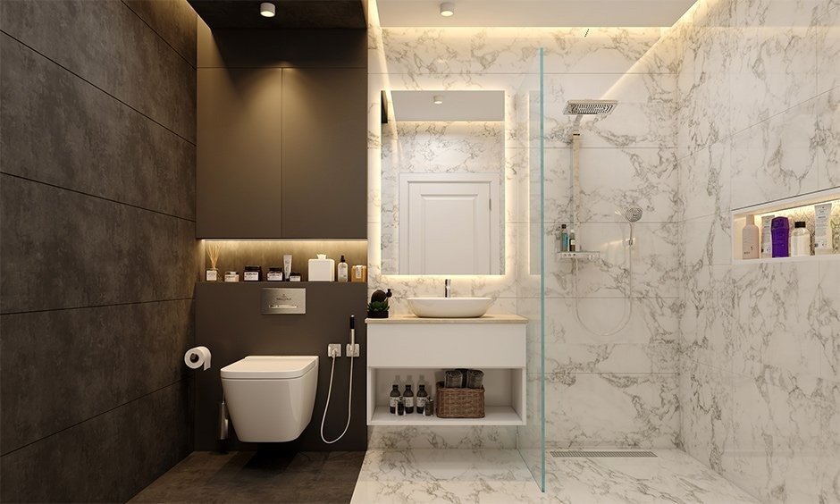 Small bathroom redesign ideas using full-wall mirrors and glass shower enclosures to visually expand the space and create an open, airy feel.
