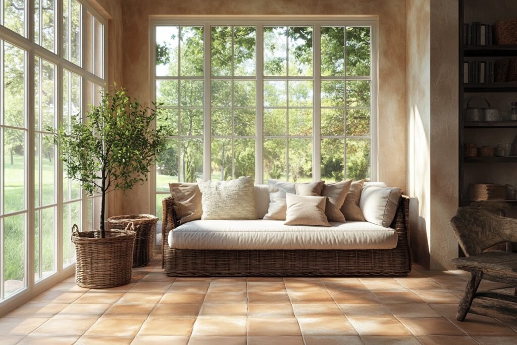 Sunlit living room with rustic decor and terracotta flooring, showcasing the natural warmth and texture of ceramic vs vitrified tiles in a cozy interior space.