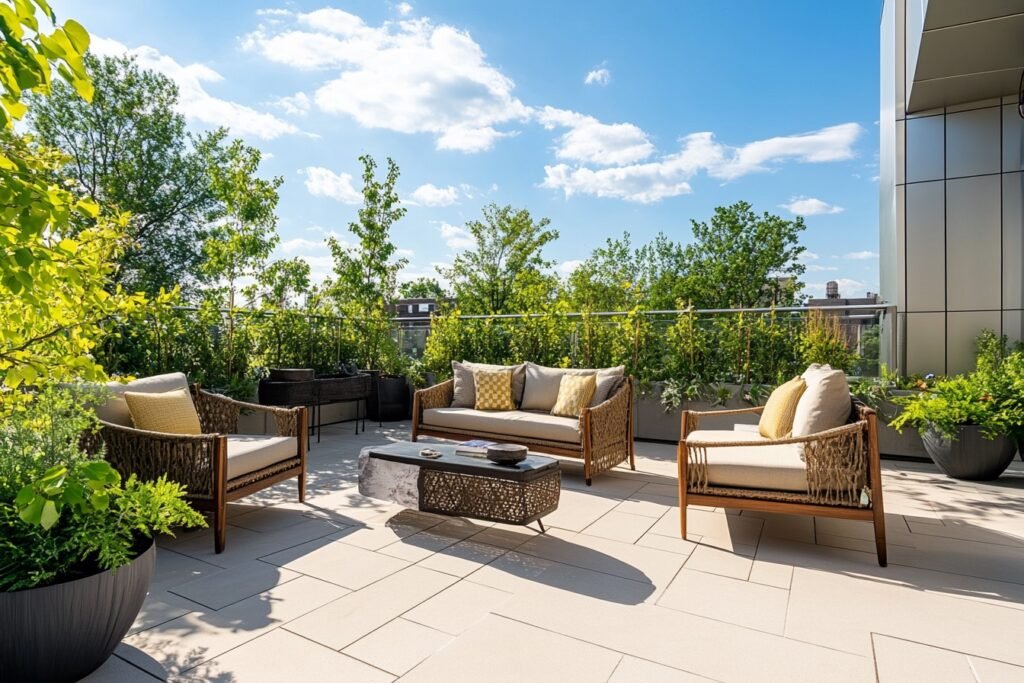 Modern outdoor terrace with beige vitrified floor tiles, wicker furniture, and lush greenery, illustrating the durability and weather resistance of ceramic vs vitrified tiles in exterior spaces.