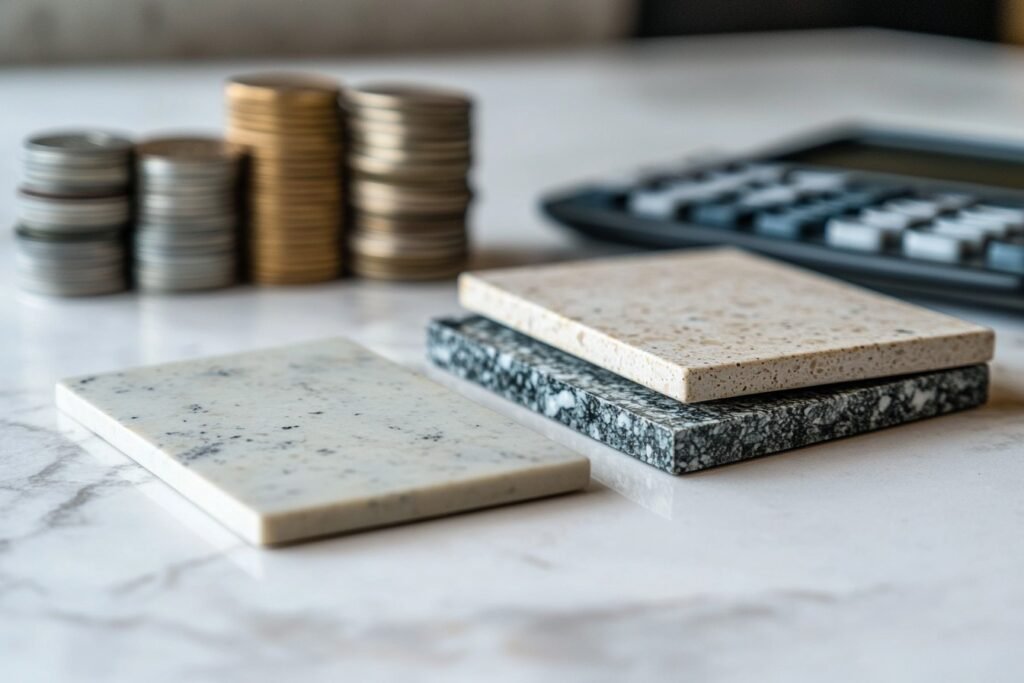 Cost comparison of ceramic vs vitrified tiles with premium tile samples on marble surface