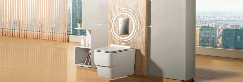 Wall-mounted toilet with concealed flush system and intelligent sanitaryware features in modern interior