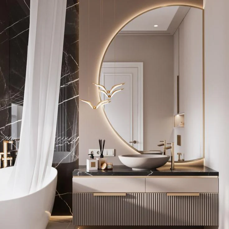 Luxury bathroom design featuring modern sanitaryware with elegant lighting, marble textures, and stylish wash basin setup