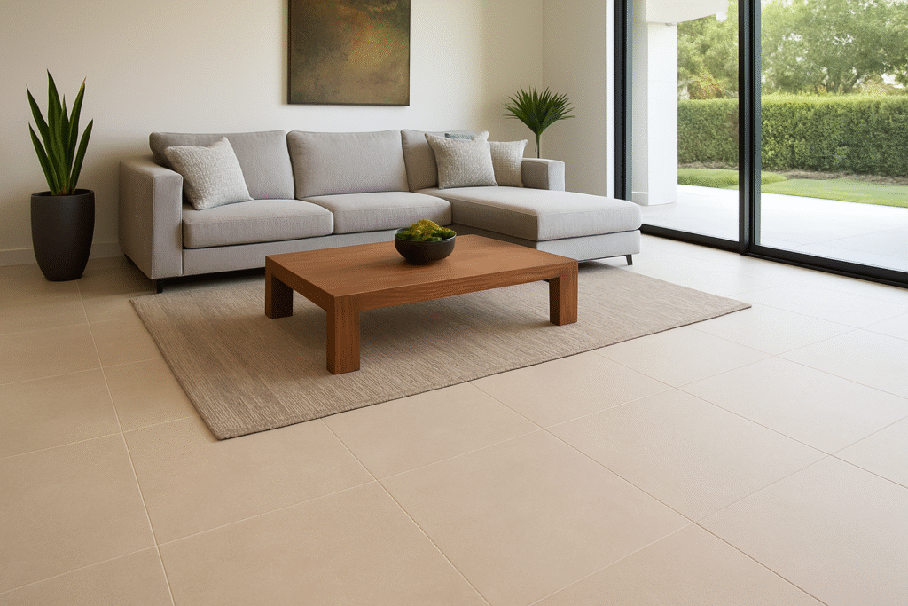 Elegant living room with beige matte vitrified tiles, a neutral sofa set and wooden coffee table, showcasing warm and minimal interior flooring.