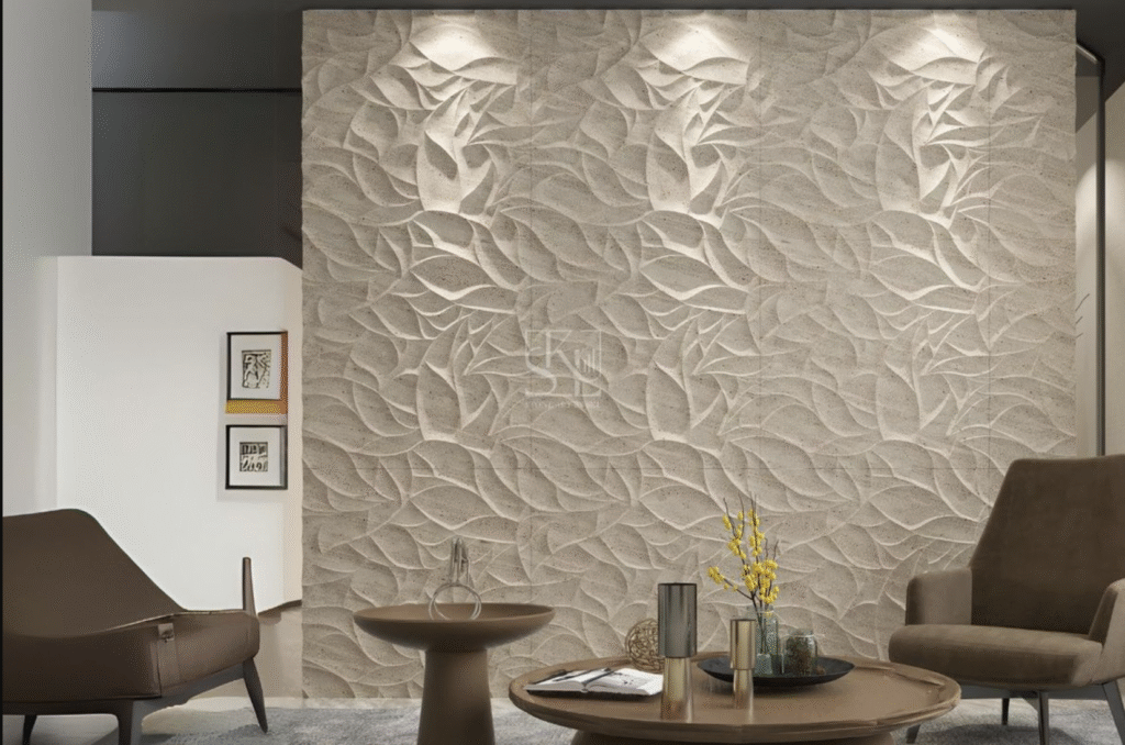 3D textured wall cladding tiles in beige tone adding depth and modern style to a living room interior with soft lighting.
