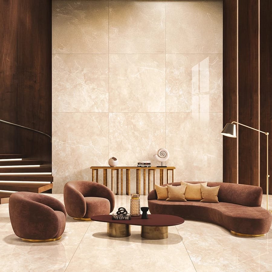 Sophisticated living lounge featuring large beige luxury wall tiles, velvet furniture, and wooden accents, creating a warm and refined premium interior.