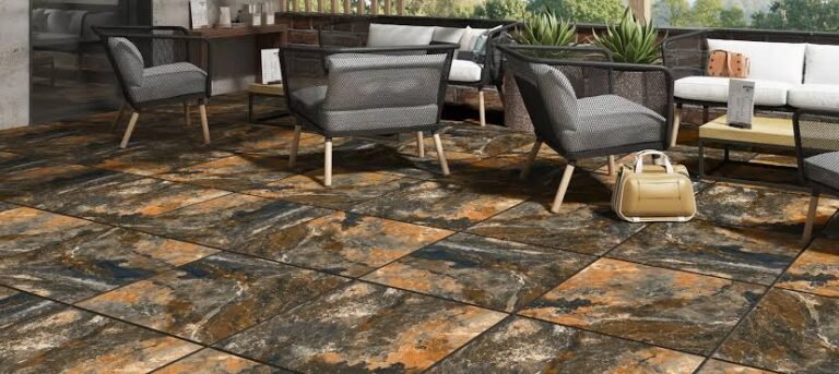 Outdoor seating area featuring Turkish natural stone tiles with rich earthy tones, showcasing global tile craftsmanship and the elegance of the world’s most beautiful tiles.