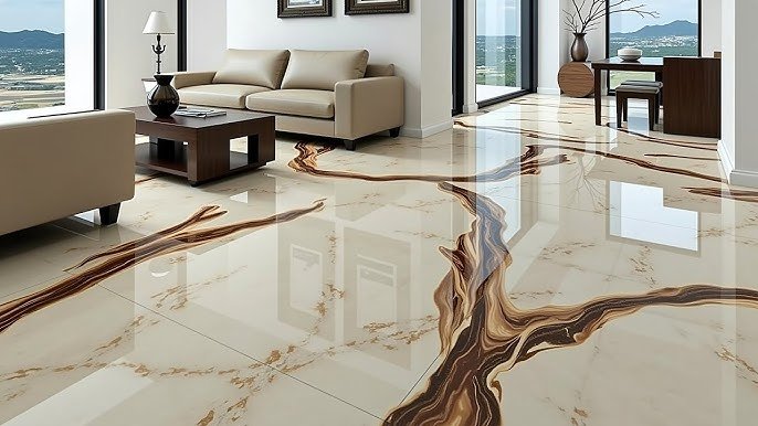 Modern living room with glossy marble-finish flooring featuring elegant brown and beige vein patterns — showcasing the world’s most beautiful tiles that add luxury and sophistication to interior spaces.