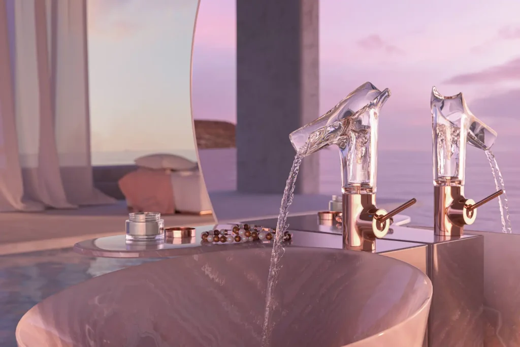 Luxury glass waterfall basin mixer highlighting contemporary bathroom accessories design with sculptural elegance