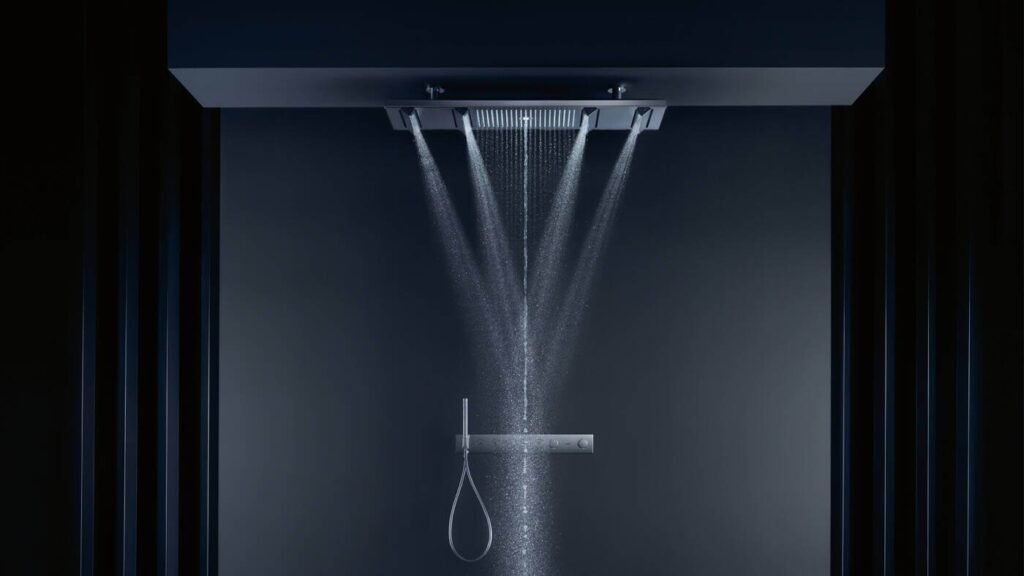 Ceiling-mounted rain shower system with multiple spray functions reflecting modern bathroom accessories design and minimalist luxury