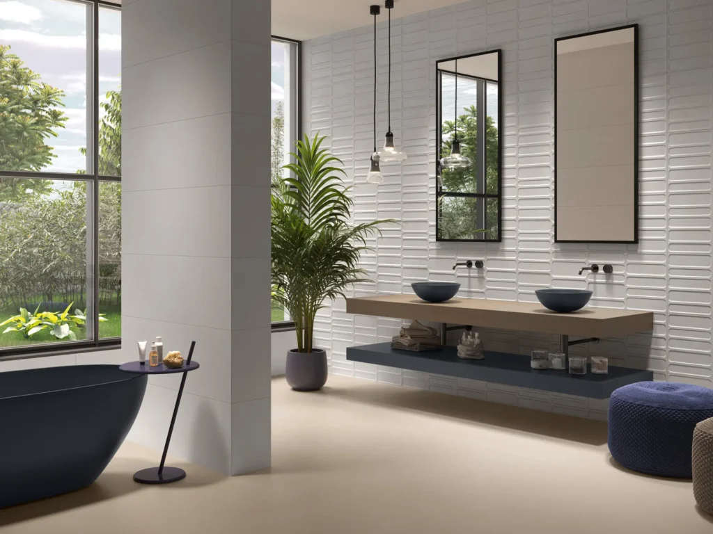 Elegant modern bathroom interior featuring balanced bathroom accessories design with clean lines and natural light