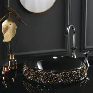 Statement countertop basin with intricate detailing representing bold bathroom accessories design
