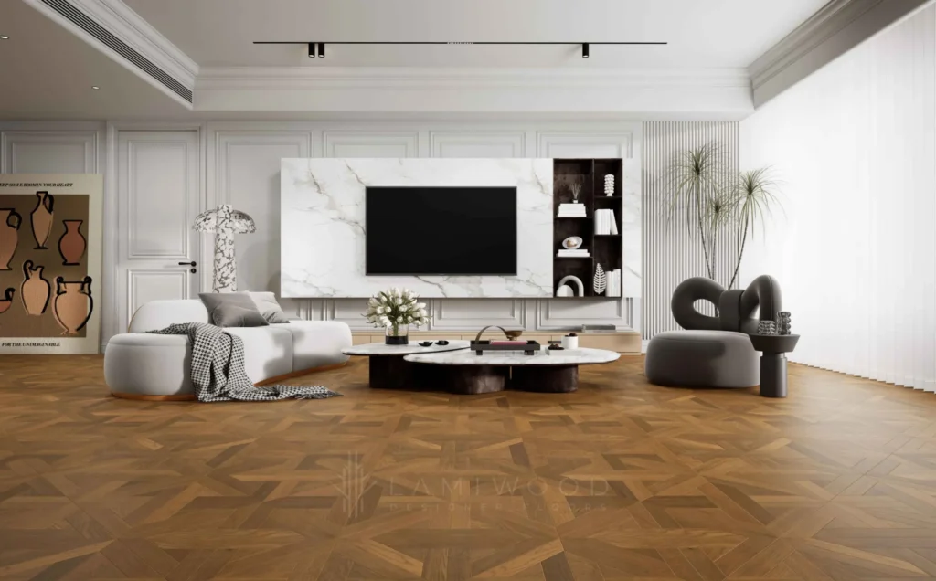 High-end living room with large marble TV panel, elegant furniture, and warm geometric patterned wooden floor tiles for a premium finish.