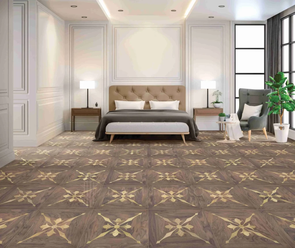 Stylish bedroom with tufted headboard, large windows, and decorative dark wooden floor tiles with intricate gold inlay design.