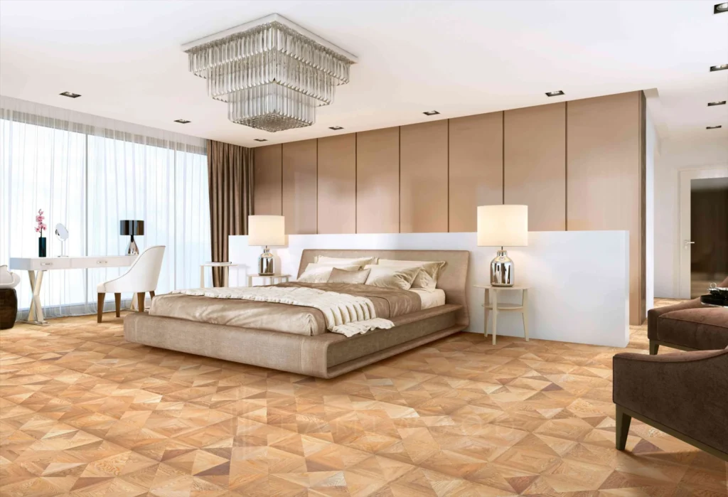Elegant luxury bedroom featuring soft beige interiors, chandelier lighting, and geometric patterned wooden floor tiles for a sophisticated look.