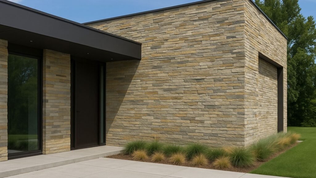 Premium residential facade design showcasing outdoor wall cladding with a combination of stone textures and wood-finish panels.