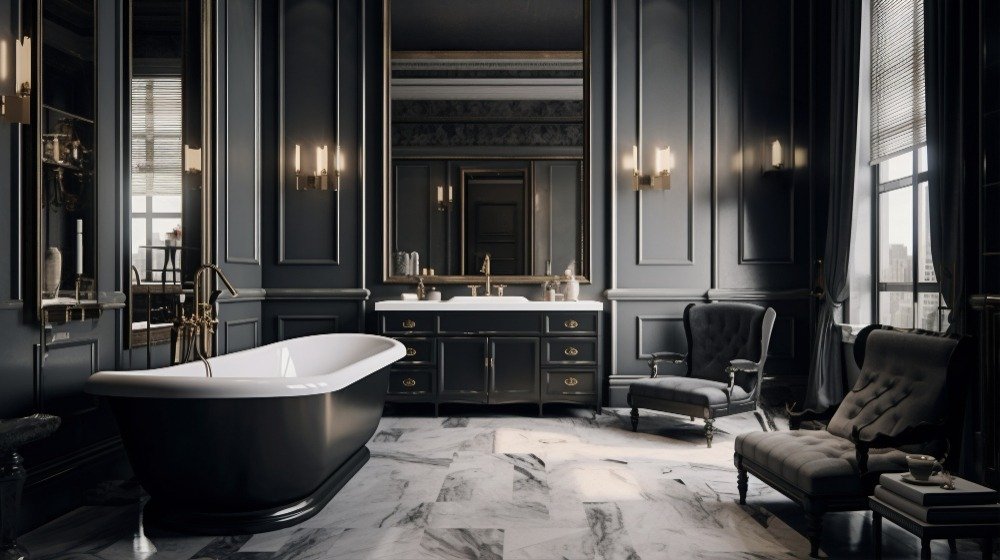 Classic luxury bathroom design with a black freestanding bathtub, marble flooring, and elegant wall panelling creating a timeless, hotel-style ambience
