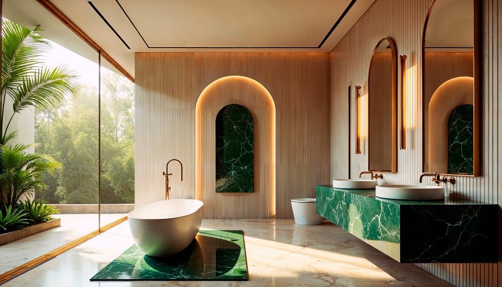 Contemporary luxury bathroom design showcasing a sculptural bathtub, green marble vanity, and natural light for a serene spa-like experience