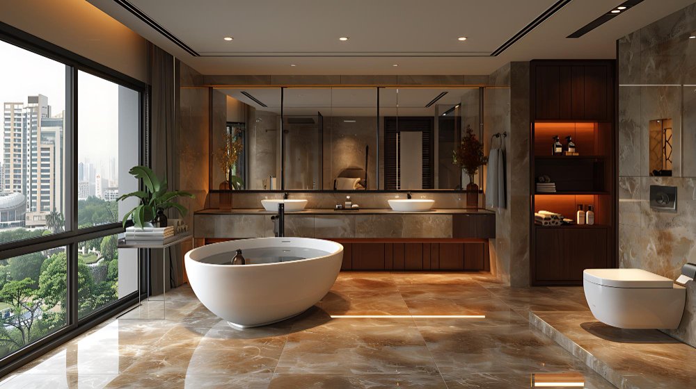 Luxury bathroom design featuring a freestanding bathtub, warm stone flooring, and a double vanity with ambient lighting in a modern apartment setting