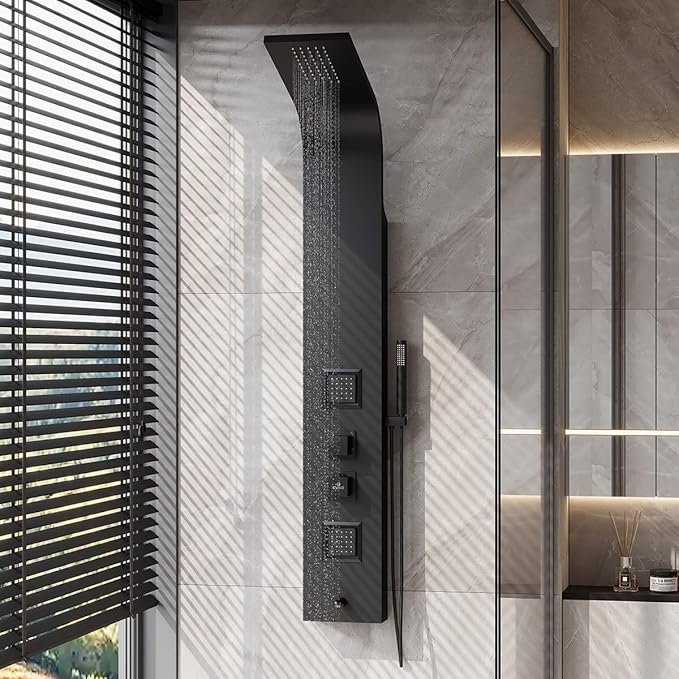 Modern black shower panel with rainfall outlet, body jets and handheld spray, showcasing luxury types of showers for Indian homes.